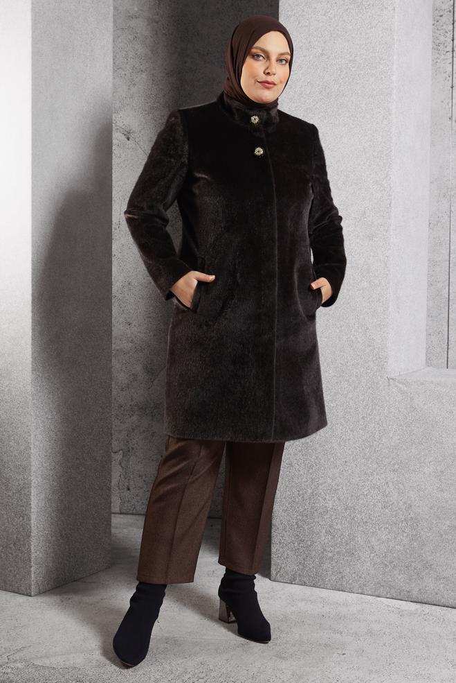 Vêtements hijab BRUN MANTEAU GRANDE TAILLE 90557 - ALVİNA