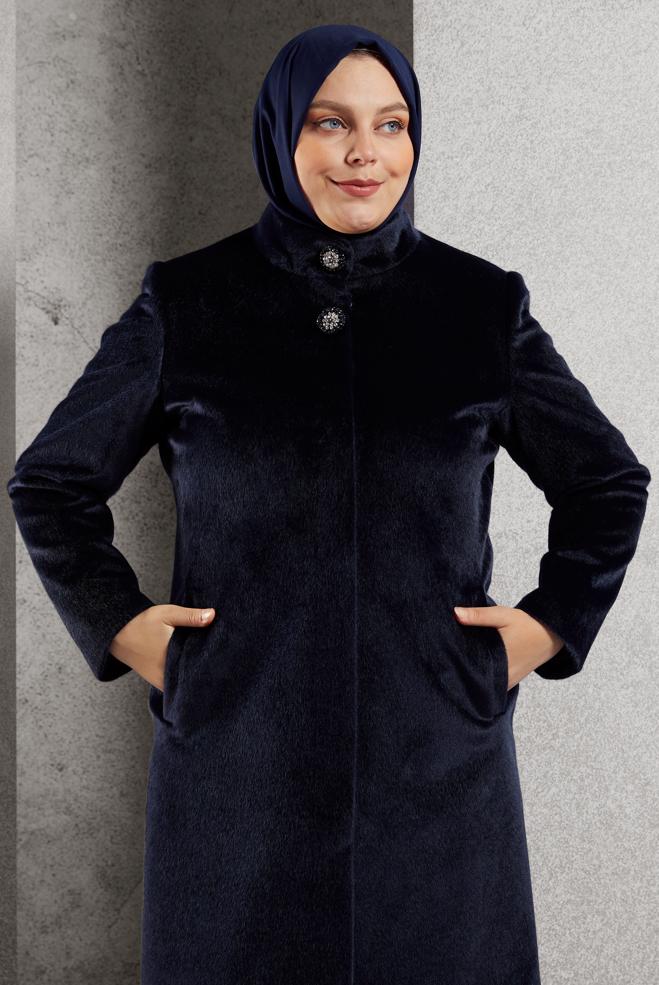 Vêtements hijab BLEU MARINE MANTEAU GRANDE TAILLE 90557 - ALVİNA