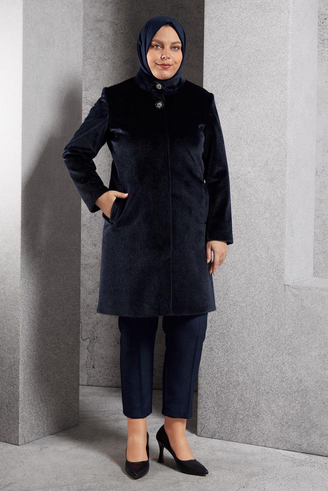 Vêtements hijab BLEU MARINE MANTEAU GRANDE TAILLE 90557 - ALVİNA