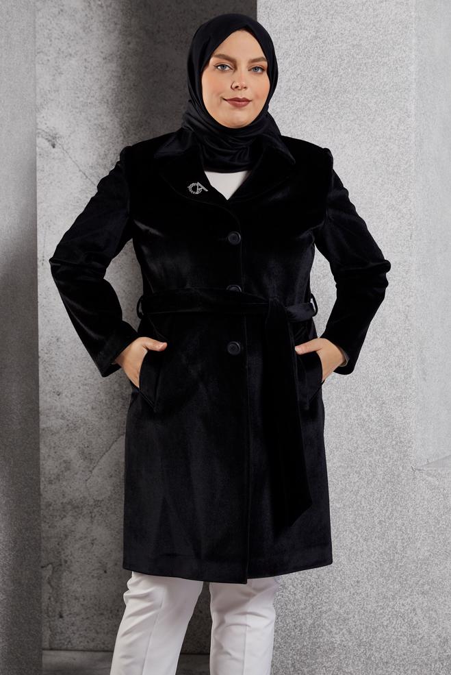 Vêtements hijab NOIR MANTEAU CEINTURÉ 90558 - ALVİNA