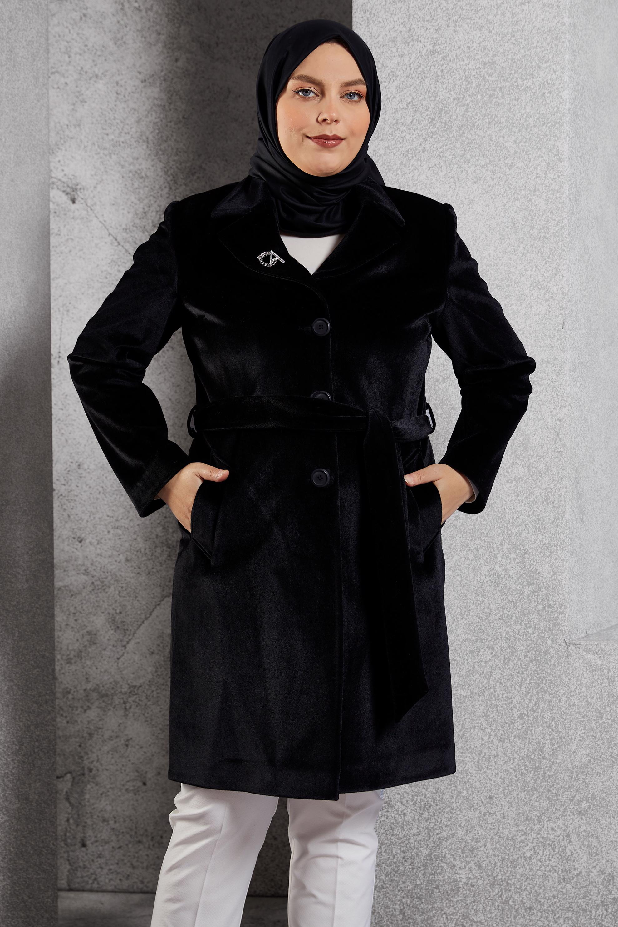 Vêtements hijab NOIR MANTEAU CEINTURÉ 90558