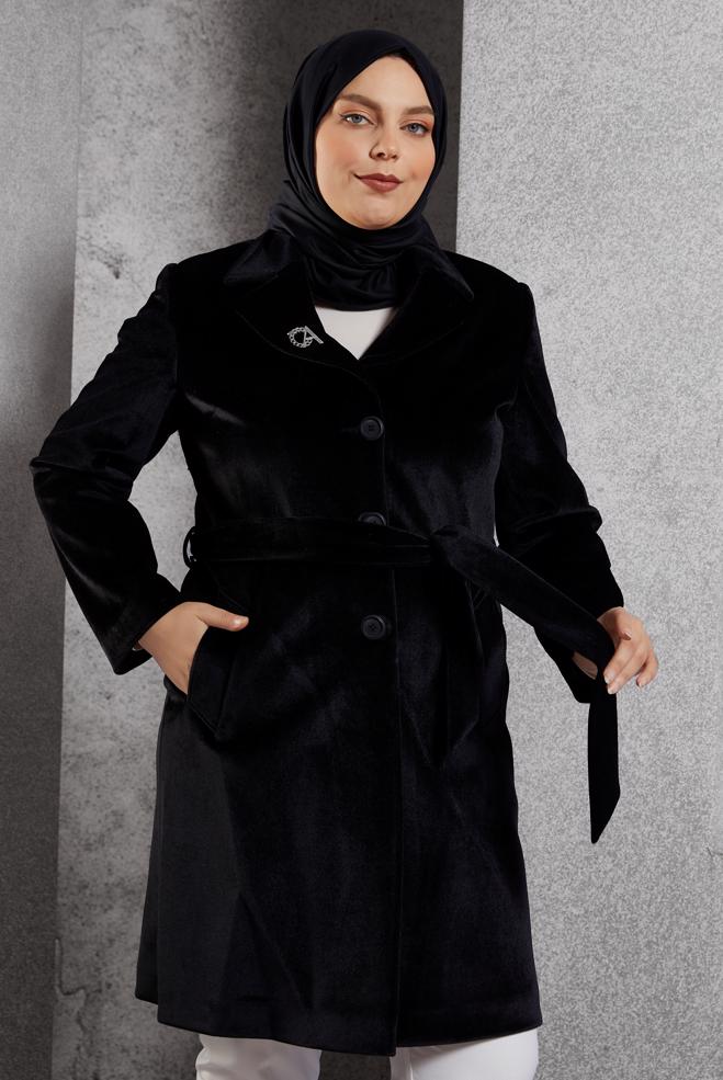 Vêtements hijab NOIR MANTEAU CEINTURÉ 90558 - ALVİNA