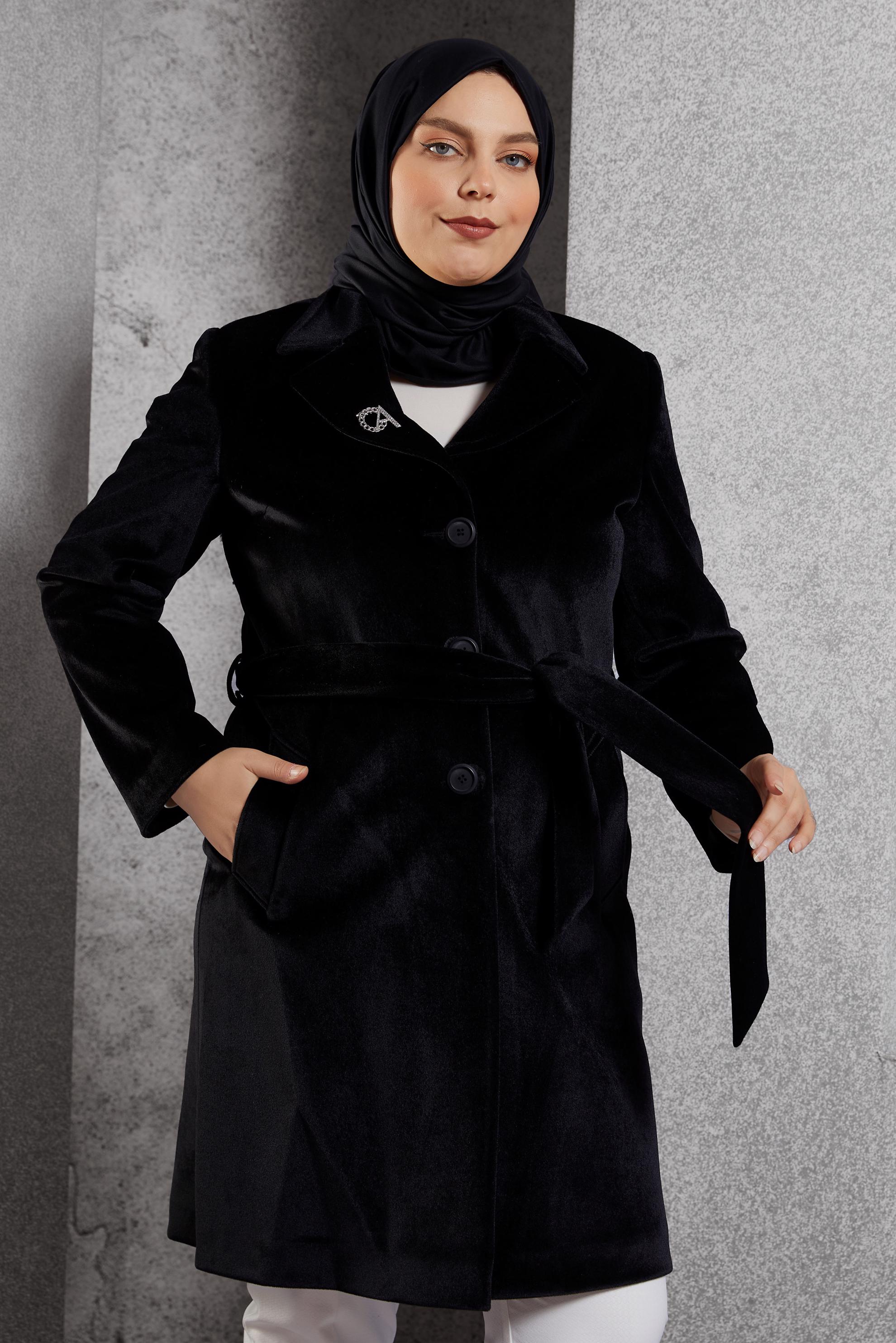 Vêtements hijab NOIR MANTEAU CEINTURÉ 90558