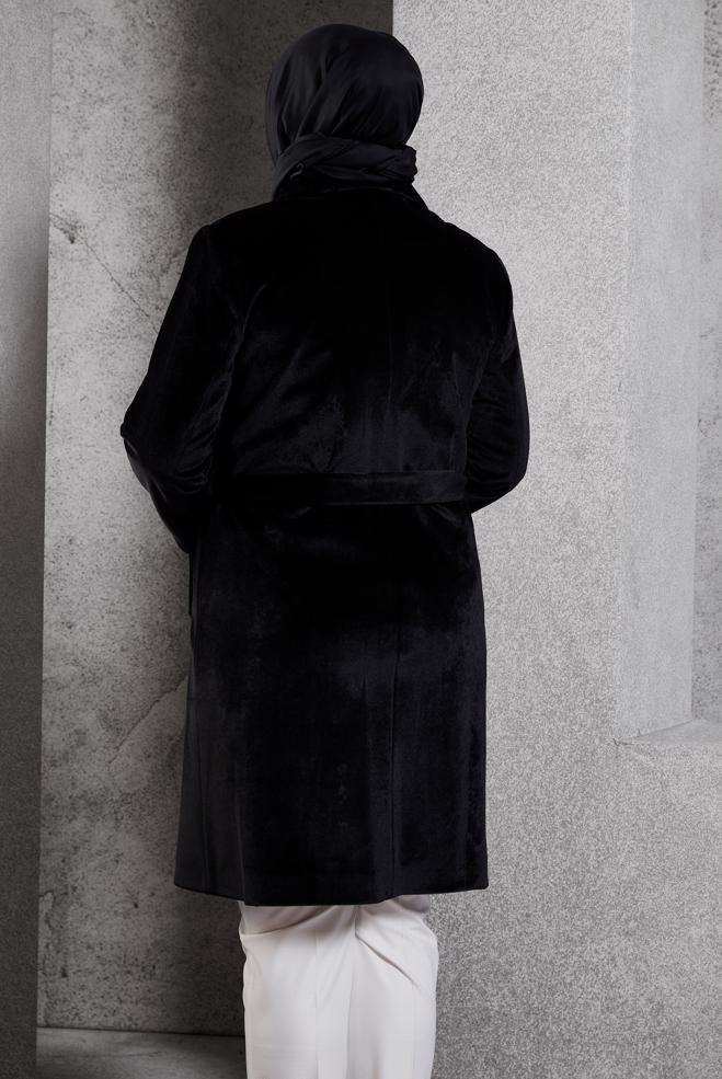 Vêtements hijab NOIR MANTEAU CEINTURÉ 90558 - ALVİNA