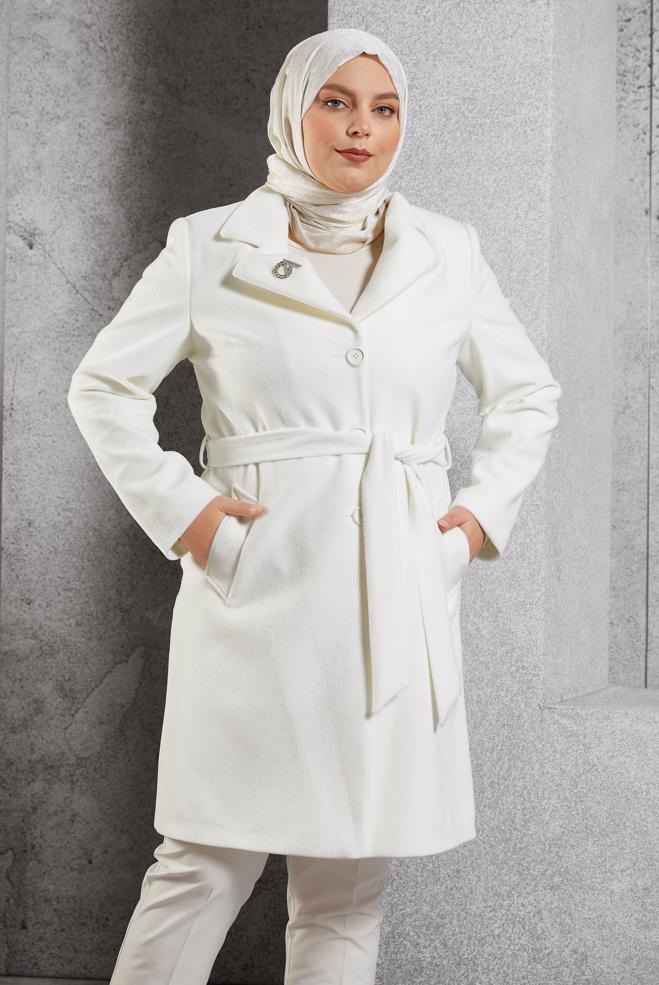 Vêtements hijab BLANC MANTEAU CEINTURÉ 90558 - ALVİNA