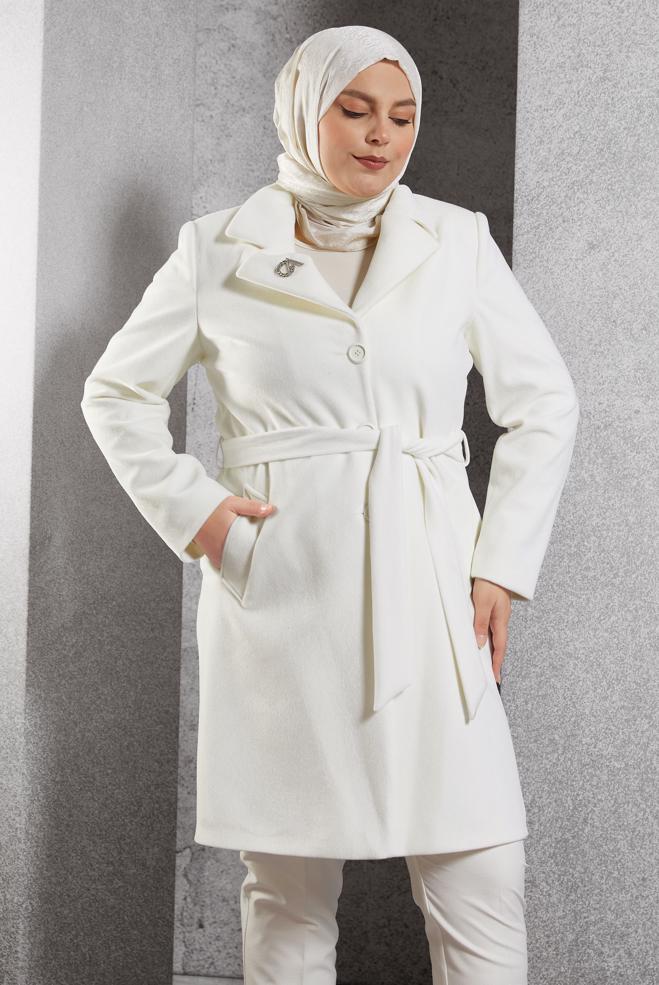 Vêtements hijab BLANC MANTEAU CEINTURÉ 90558 - ALVİNA
