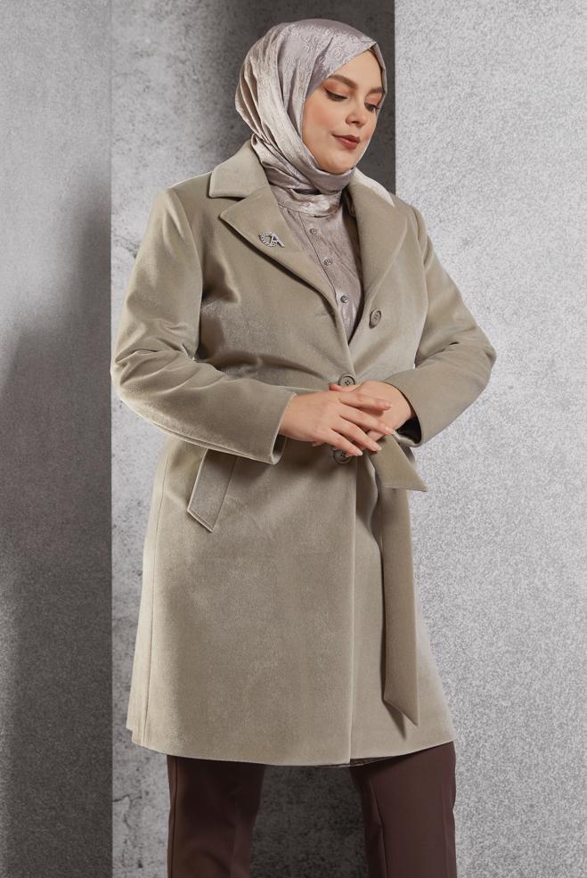 Vêtements hijab BEIGE MANTEAU CEINTURÉ 90558 - ALVİNA