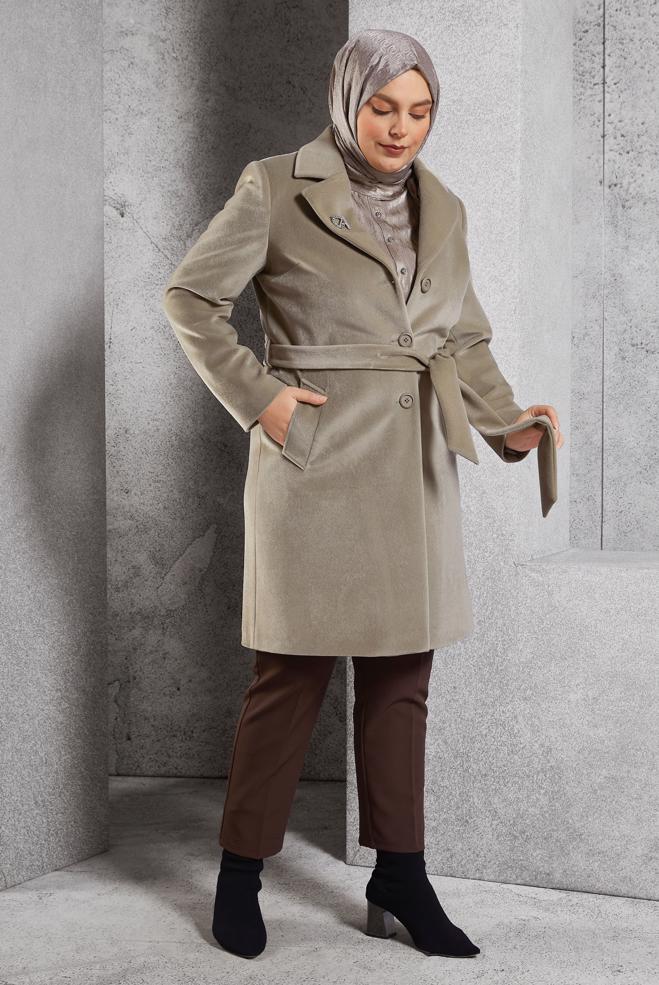 Vêtements hijab BEIGE MANTEAU CEINTURÉ 90558 - ALVİNA