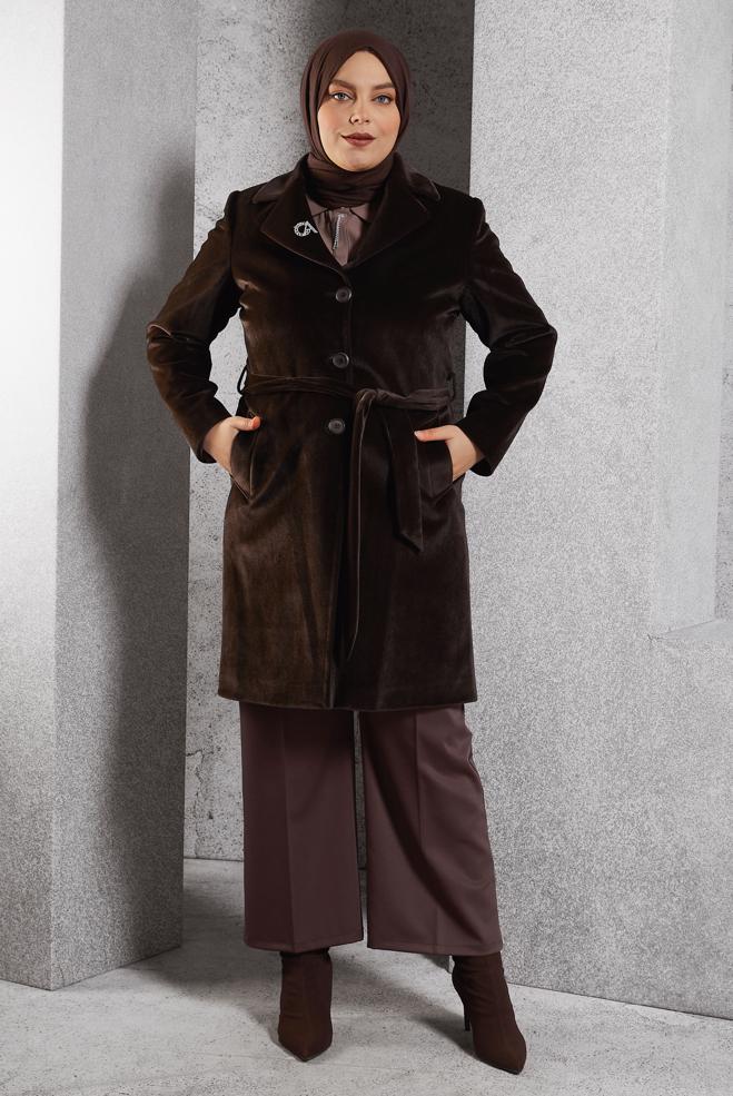 Vêtements hijab BRUN MANTEAU CEINTURÉ 90558 - ALVİNA