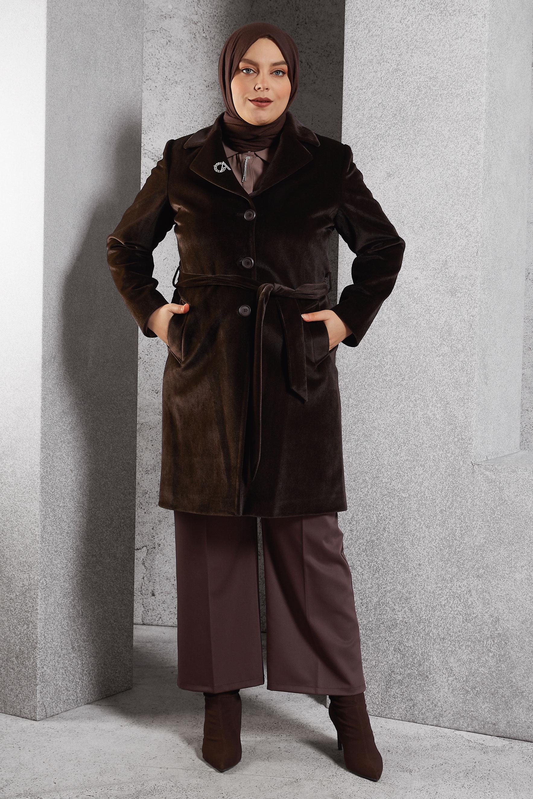 Vêtements hijab BRUN MANTEAU CEINTURÉ 90558