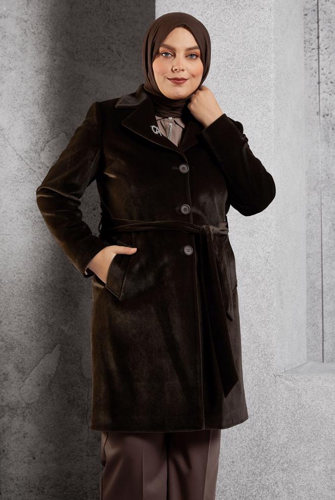 Vêtements hijab BRUN MANTEAU CEINTURÉ 90558 - ALVİNA