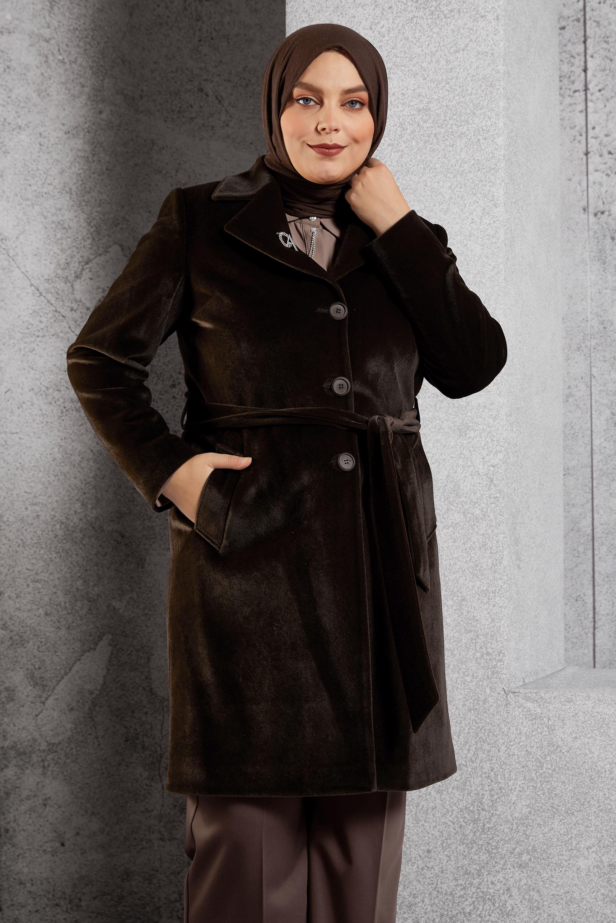 Vêtements hijab BRUN MANTEAU CEINTURÉ 90558