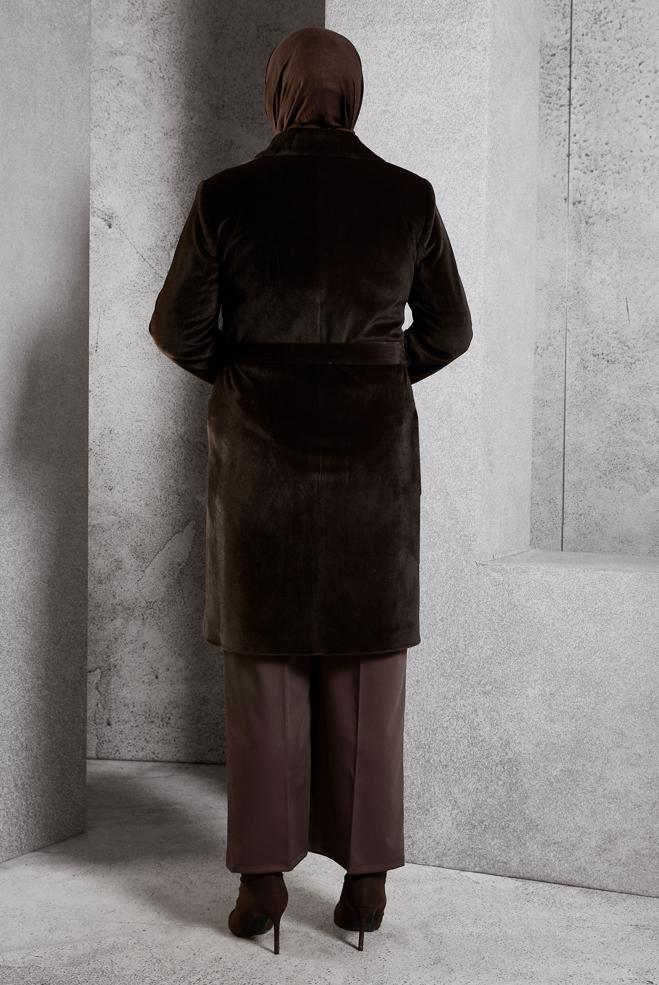 Vêtements hijab BRUN MANTEAU CEINTURÉ 90558 - ALVİNA