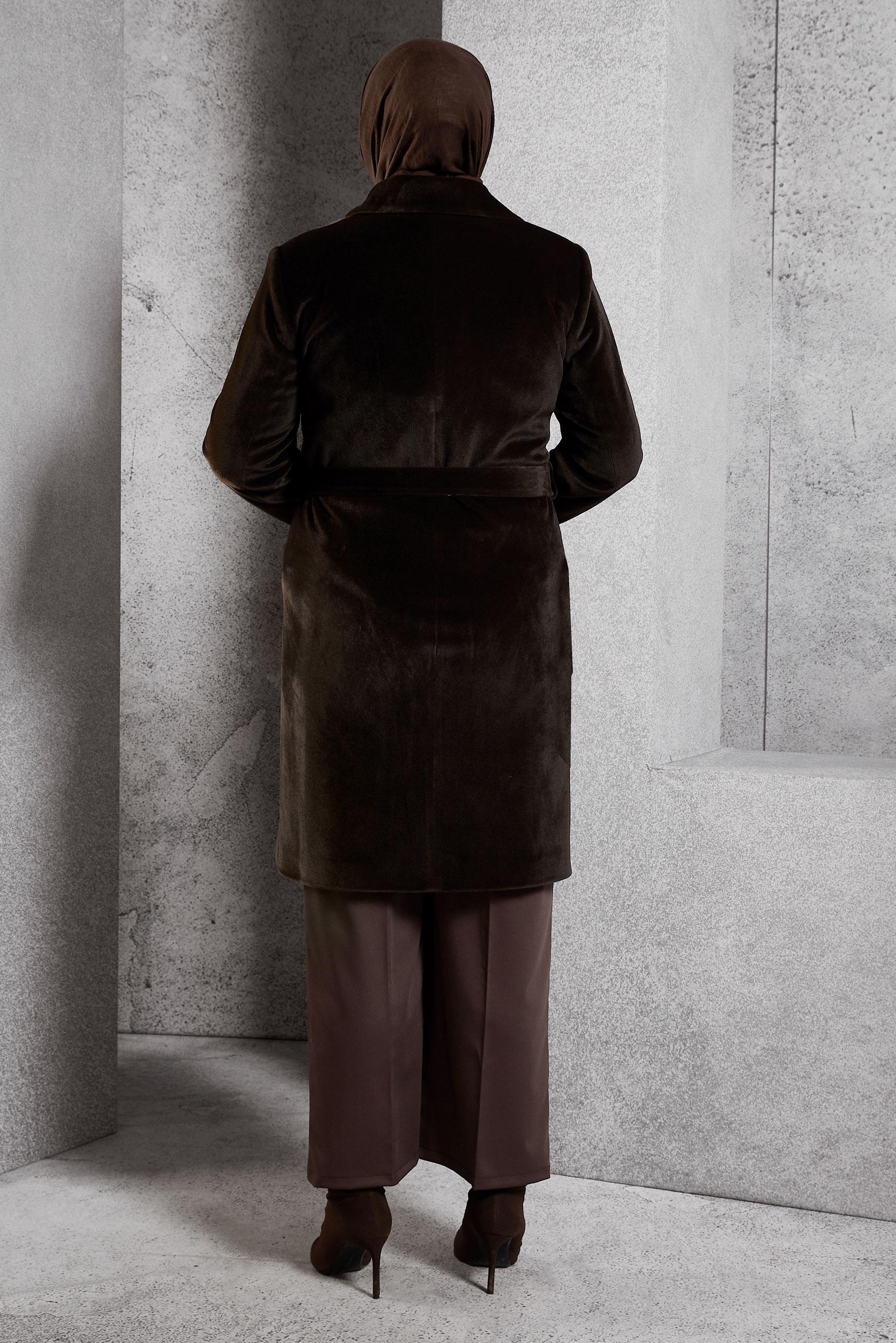 Vêtements hijab BRUN MANTEAU CEINTURÉ 90558