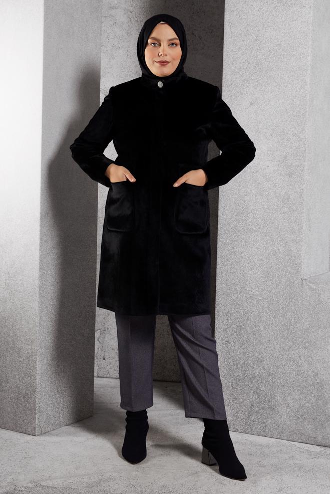 Vêtements hijab NOIR MANTEAU À COL MONTANT 90559 - ALVİNA