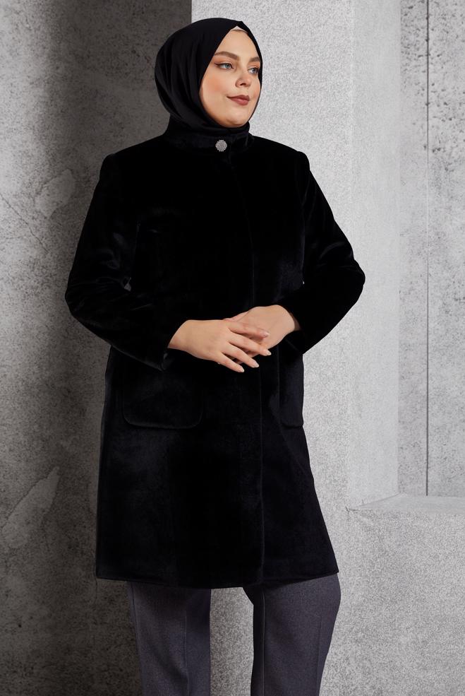Vêtements hijab NOIR MANTEAU À COL MONTANT 90559 - ALVİNA