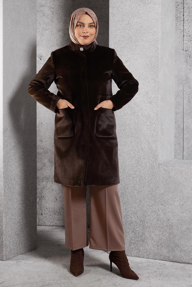 Vêtements hijab BRUN MANTEAU À COL MONTANT 90559 - ALVİNA