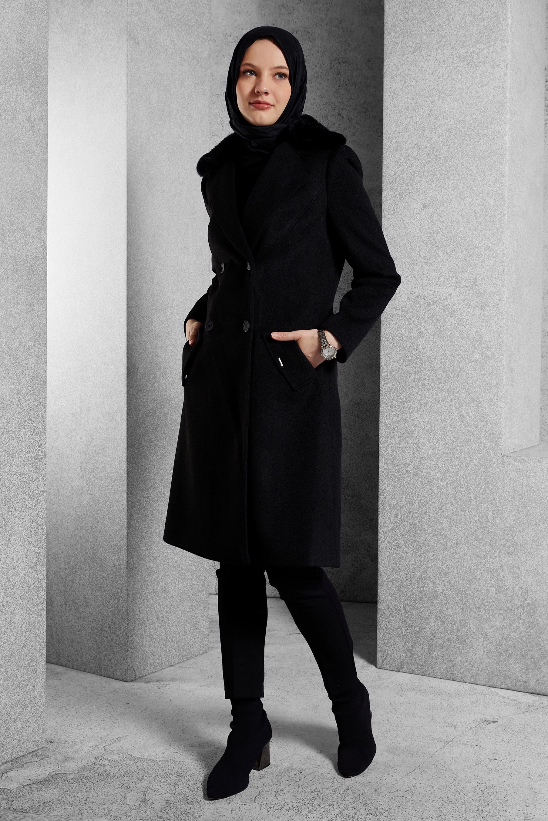 Vêtements hijab NOIR MANTEAU À COL EN FOURRURE 90562