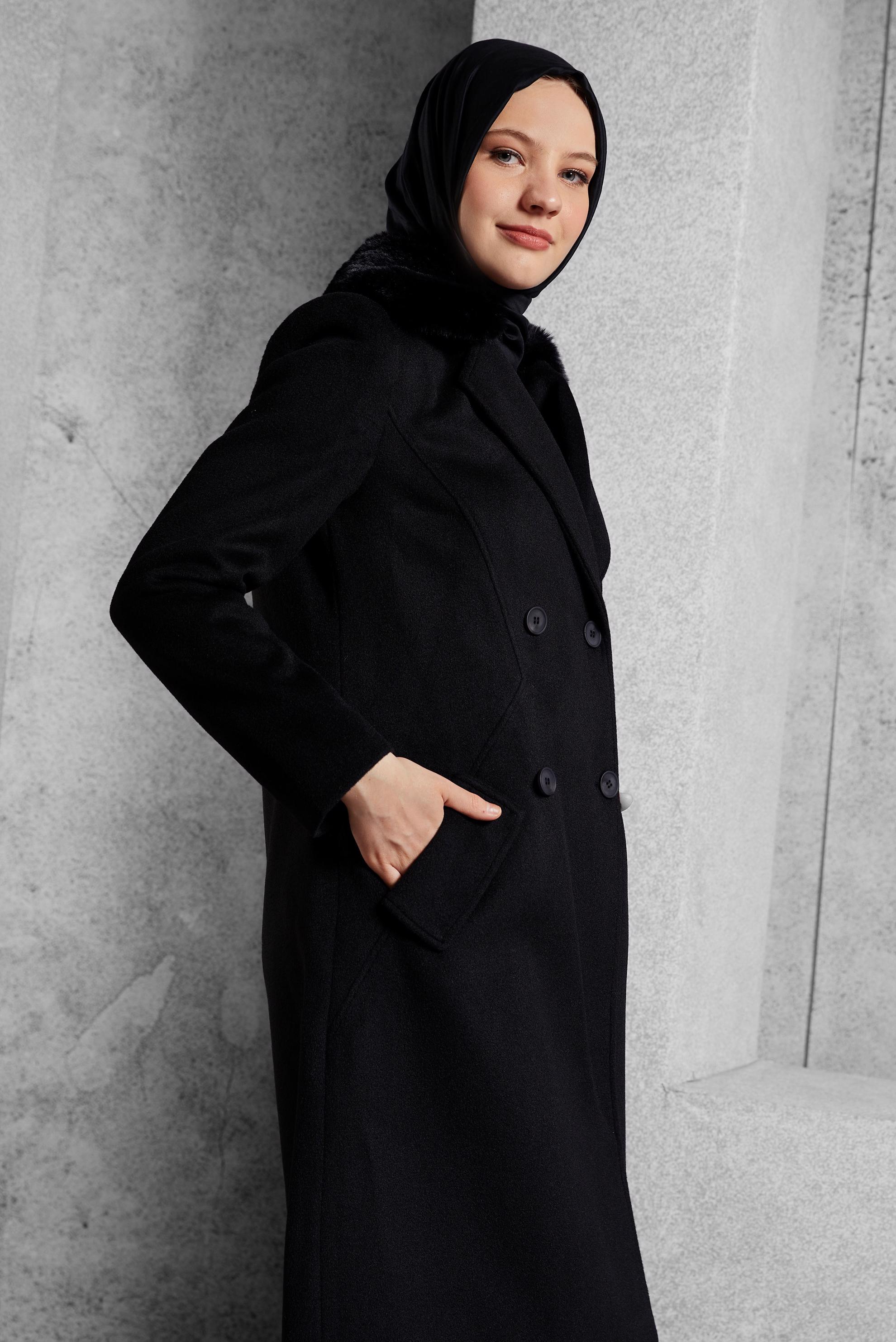 Vêtements hijab NOIR MANTEAU À COL EN FOURRURE 90562