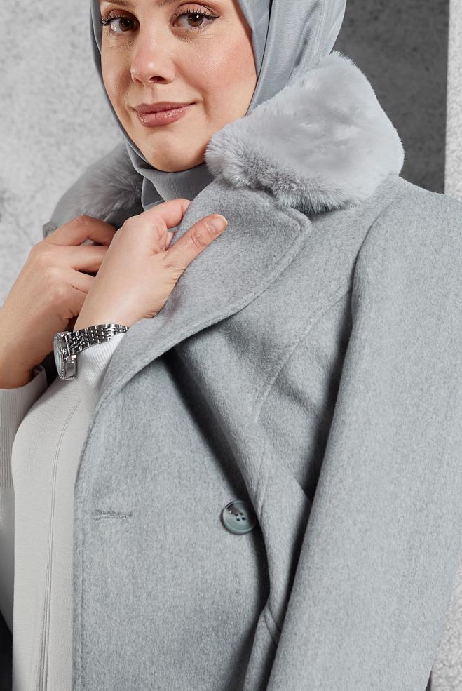 Vêtements hijab ARGENT MANTEAU À COL EN FOURRURE 90562 - ALVİNA