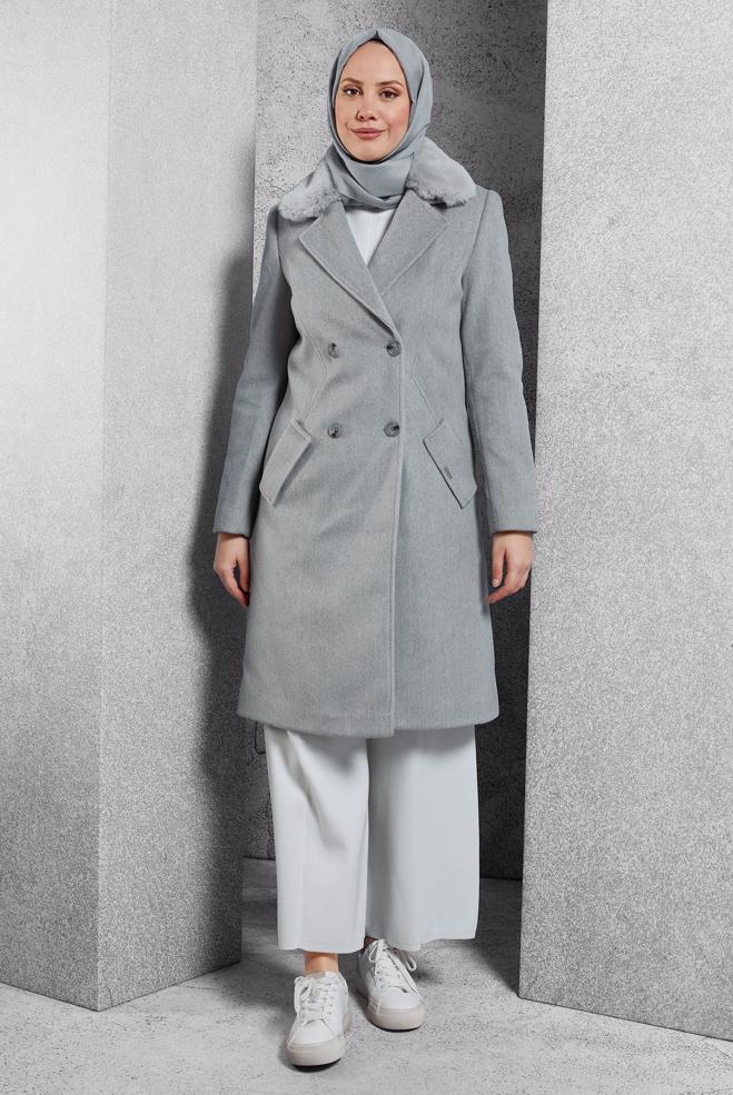 Vêtements hijab ARGENT MANTEAU À COL EN FOURRURE 90562 - ALVİNA