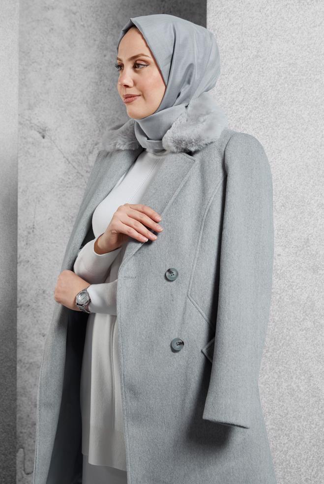 Vêtements hijab ARGENT MANTEAU À COL EN FOURRURE 90562 - ALVİNA