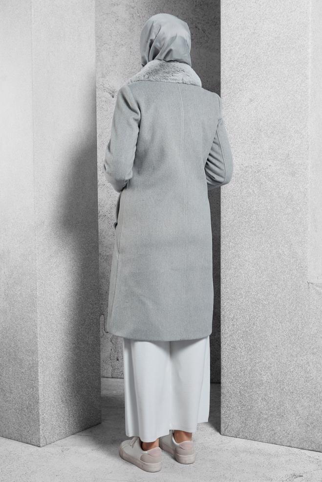 Vêtements hijab ARGENT MANTEAU À COL EN FOURRURE 90562 - ALVİNA