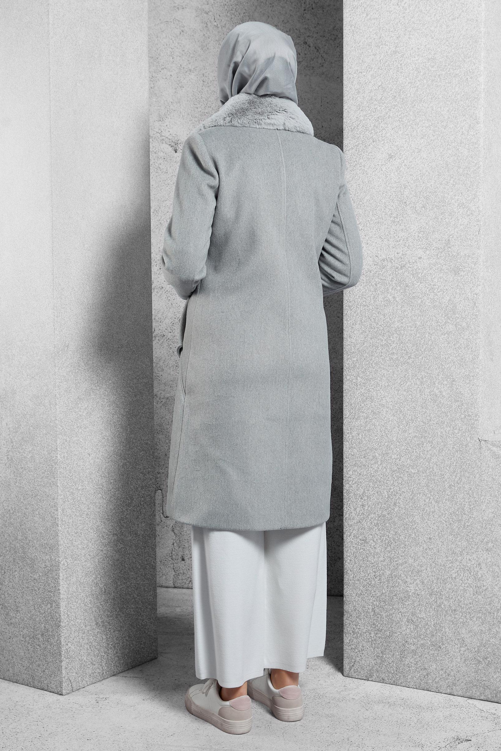 Tesettür giyim GÜMÜŞ KÜRK YAKA KABAN 90562