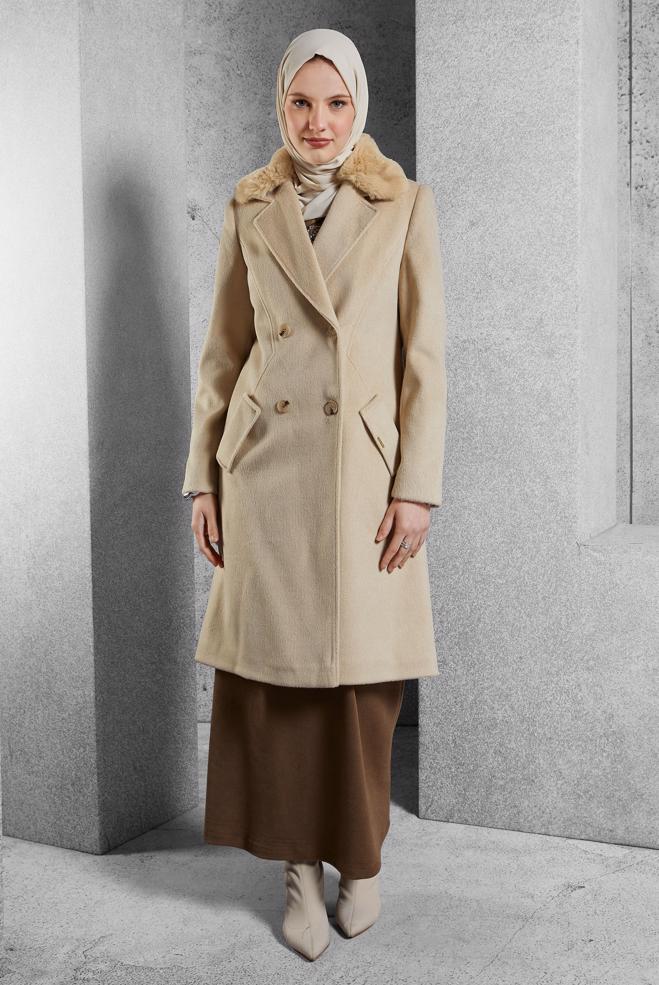 Vêtements hijab BRUN MANTEAU À COL EN FOURRURE 90562 - ALVİNA