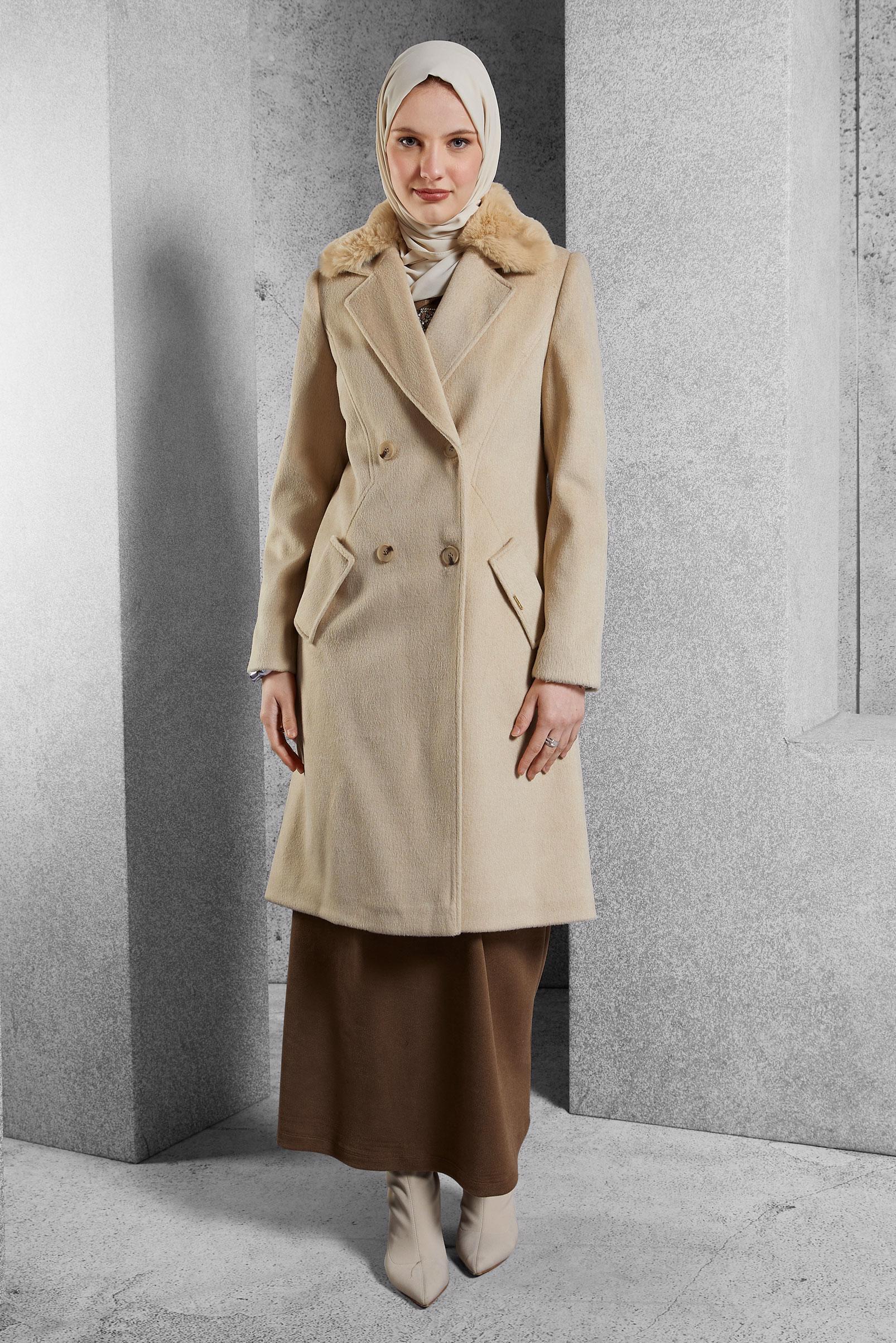 Vêtements hijab BRUN MANTEAU À COL EN FOURRURE 90562