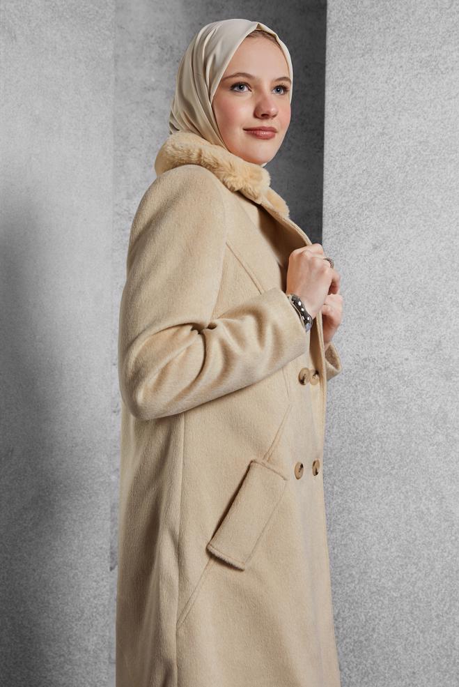 Vêtements hijab BRUN MANTEAU À COL EN FOURRURE 90562 - ALVİNA