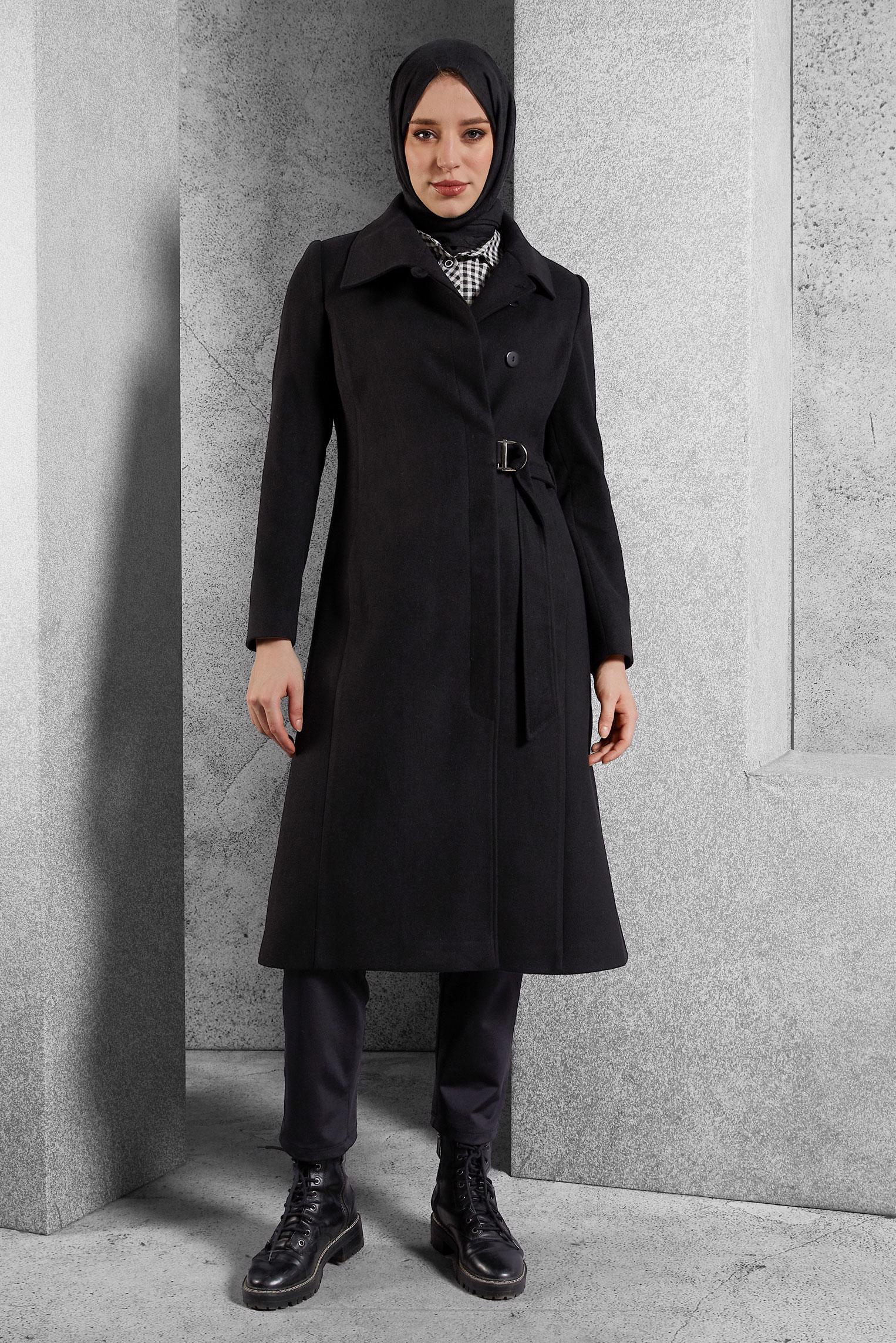 Hijab clothing BLACK BELTED COAT 90563 