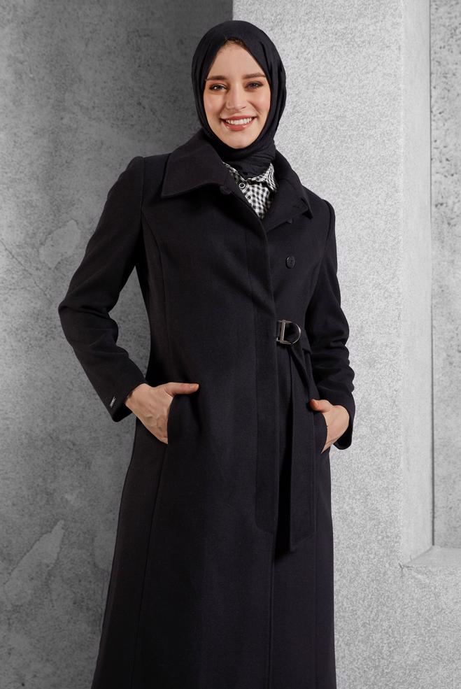 Vêtements hijab NOIR MANTEAU CEINTURÉ 90563  - ALVİNA