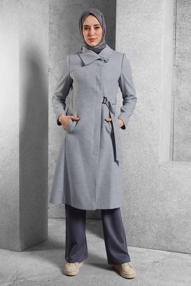 Vêtements hijab GRIS MANTEAU CEINTURÉ 90563  - ALVİNA