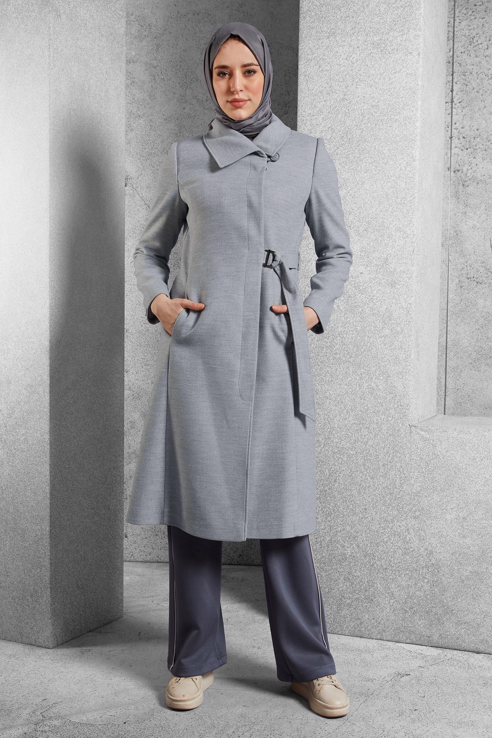 Hijab clothing GREY BELTED COAT 90563 