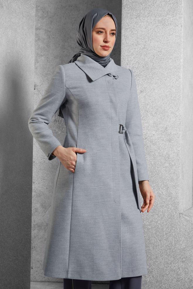 Vêtements hijab GRIS MANTEAU CEINTURÉ 90563  - ALVİNA