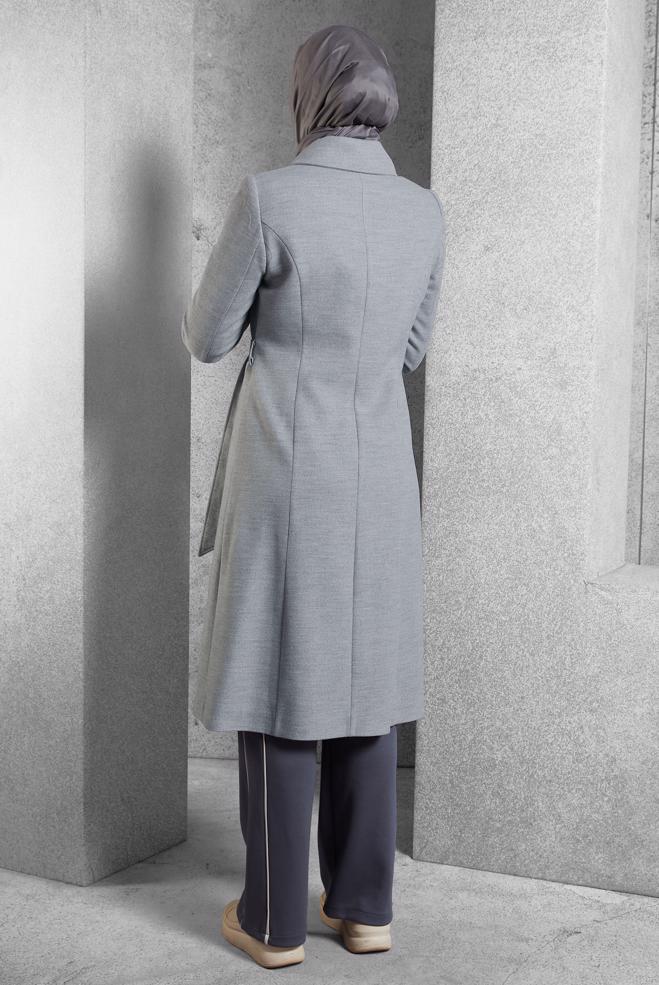 Vêtements hijab GRIS MANTEAU CEINTURÉ 90563  - ALVİNA