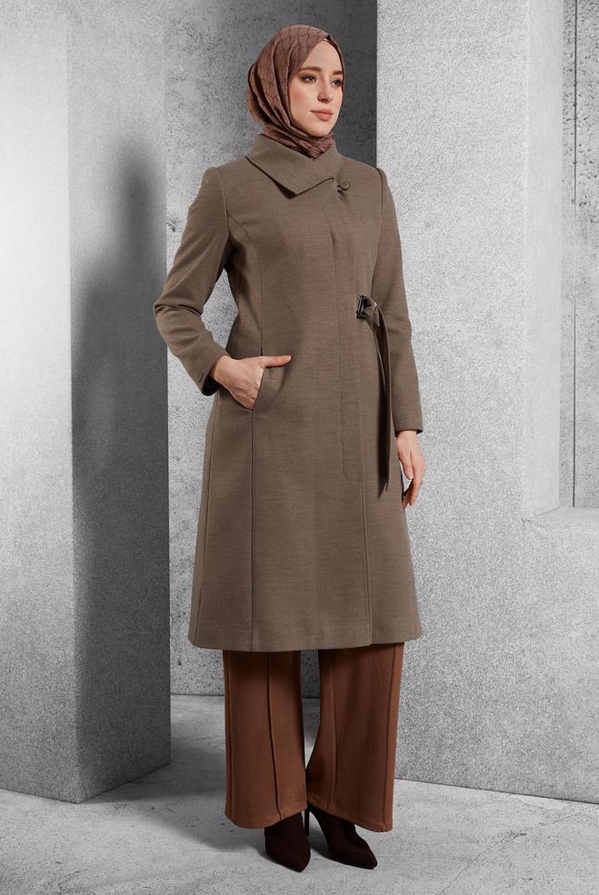 Vêtements hijab BRUN MANTEAU CEINTURÉ 90563  - ALVİNA