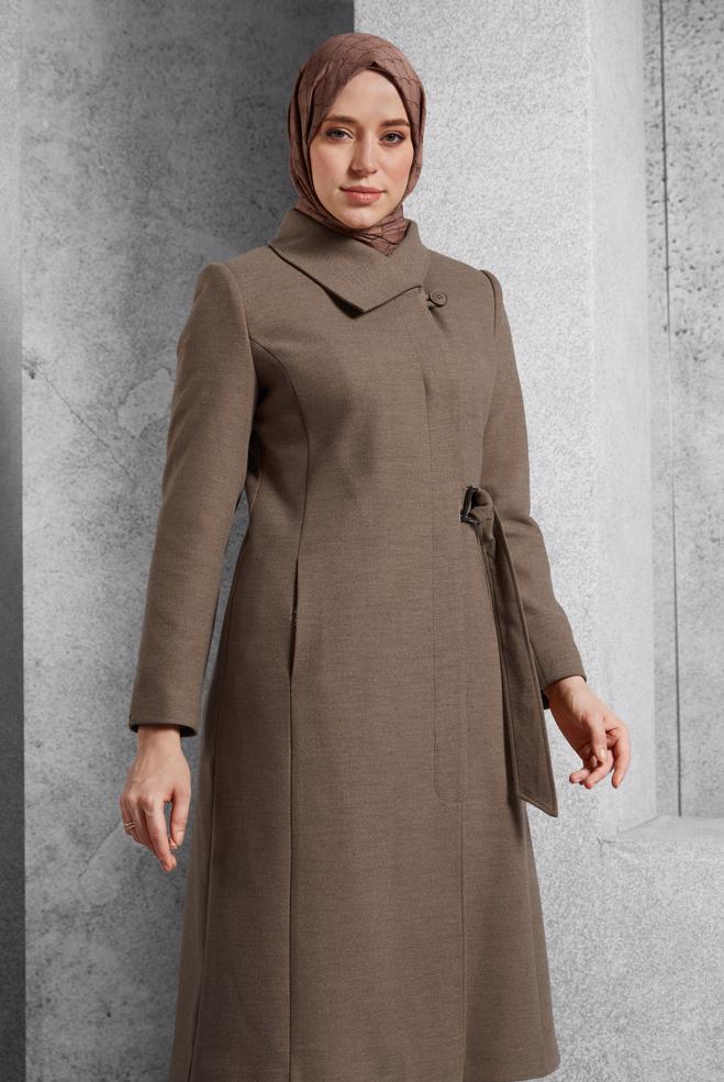 Vêtements hijab BRUN MANTEAU CEINTURÉ 90563  - ALVİNA