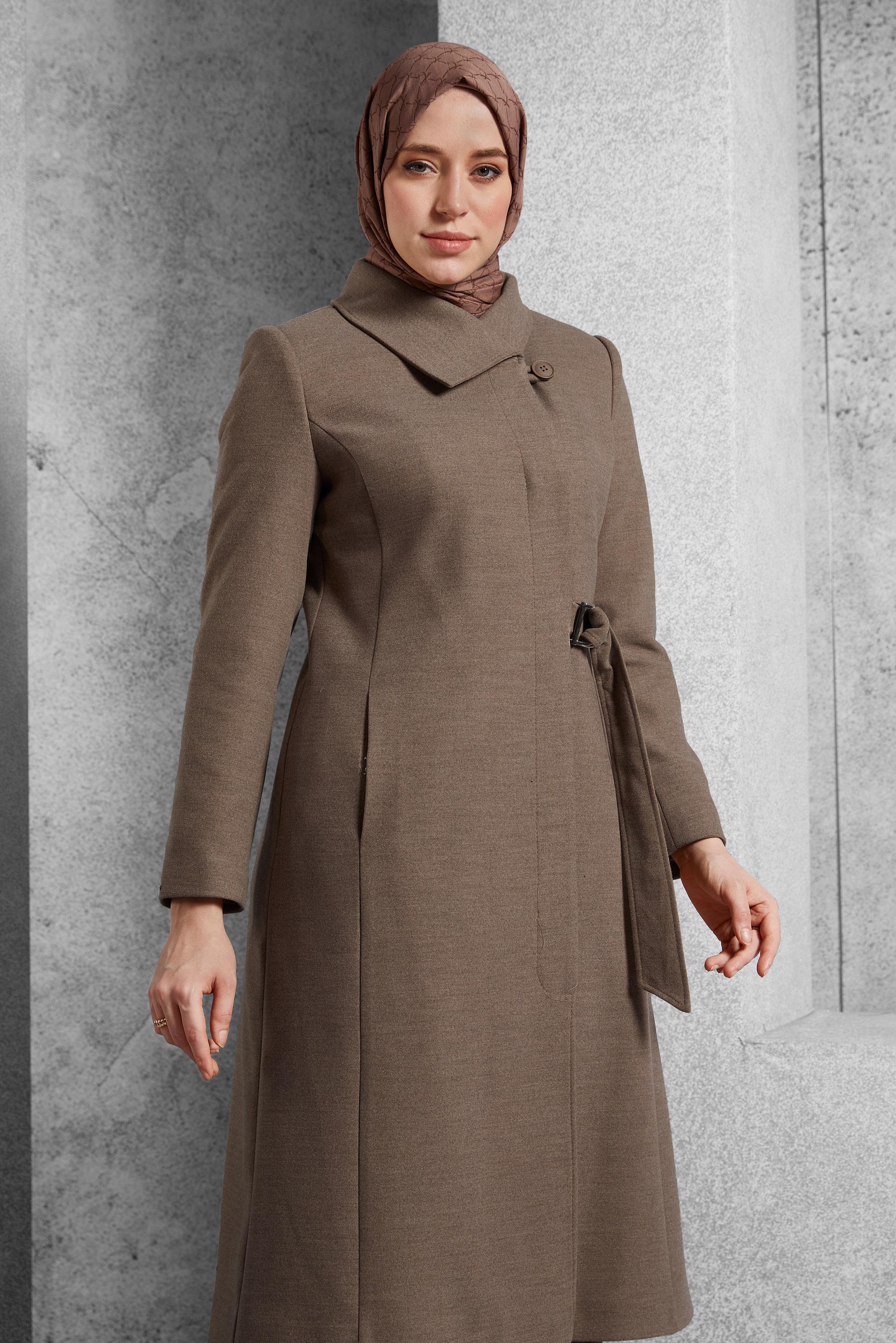 Vêtements hijab BRUN MANTEAU CEINTURÉ 90563 