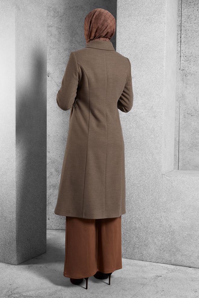 Vêtements hijab BRUN MANTEAU CEINTURÉ 90563  - ALVİNA