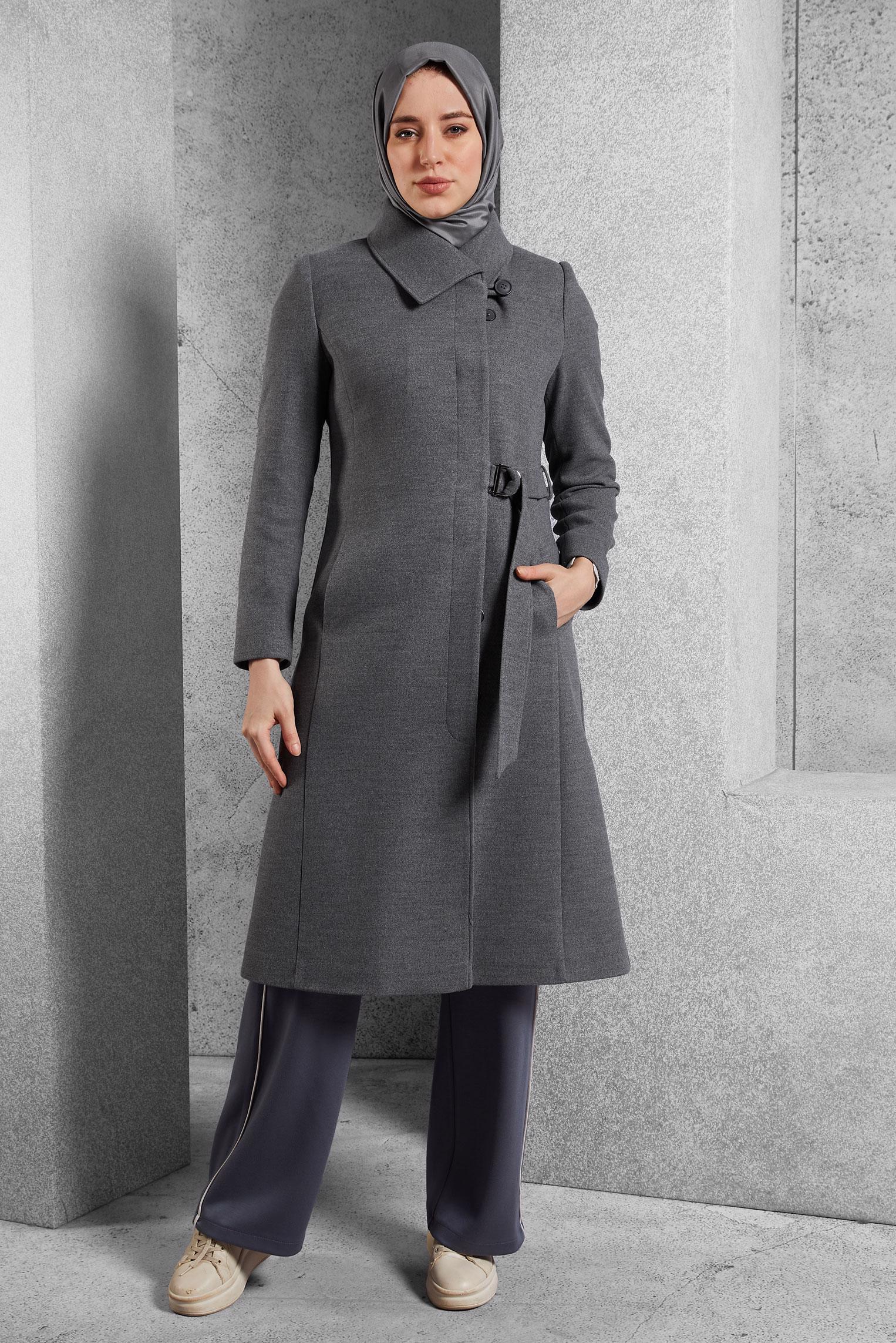 Hijab clothing GREY BELTED COAT 90563 