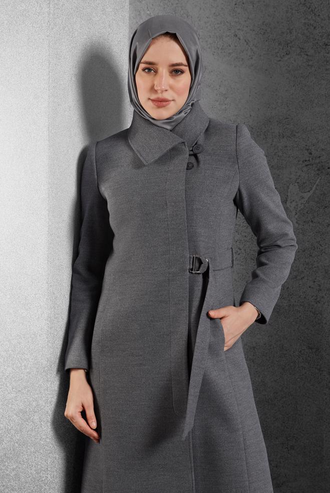 Vêtements hijab GRIS MANTEAU CEINTURÉ 90563  - ALVİNA