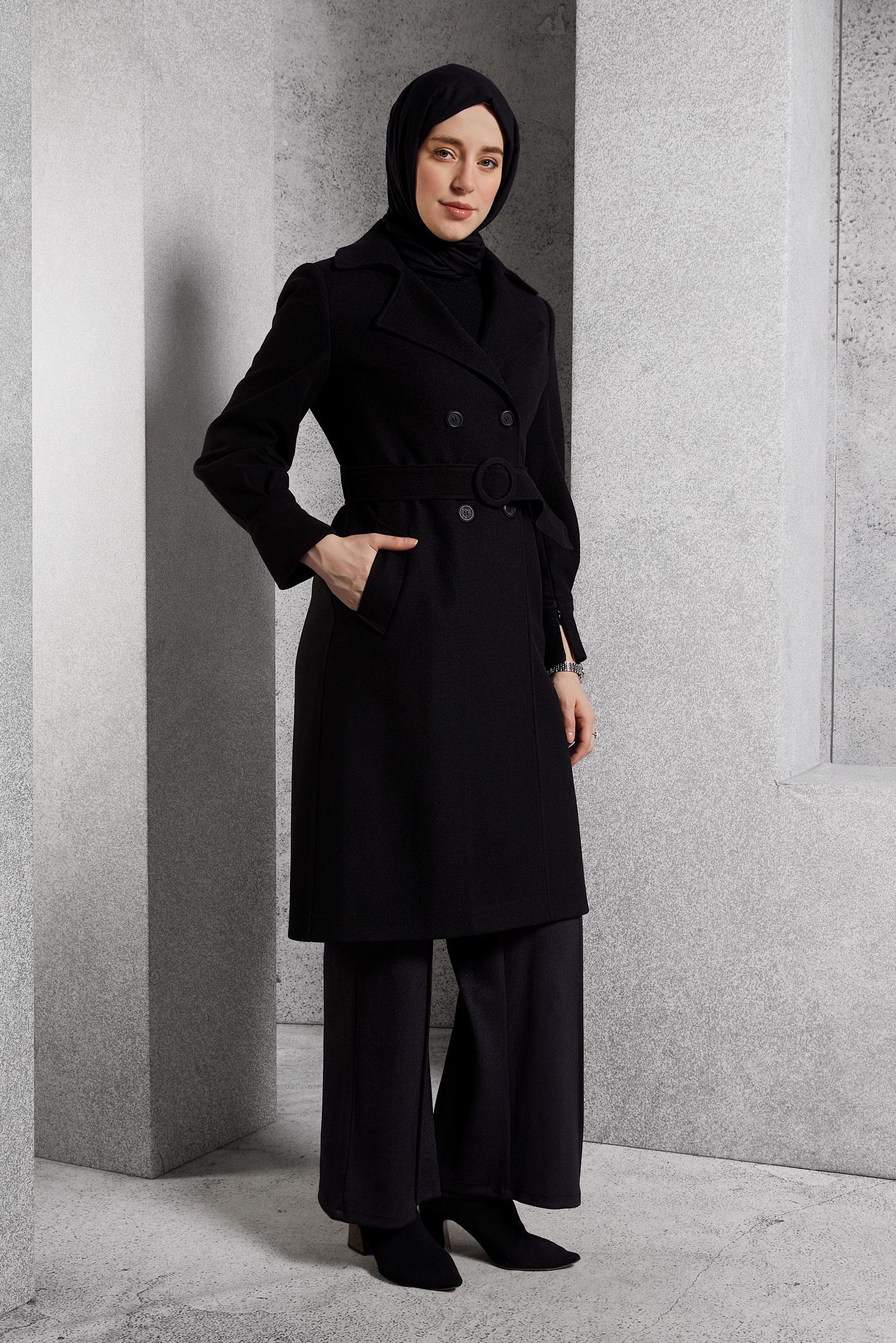 Hijab clothing BLACK BELTED COAT 90564