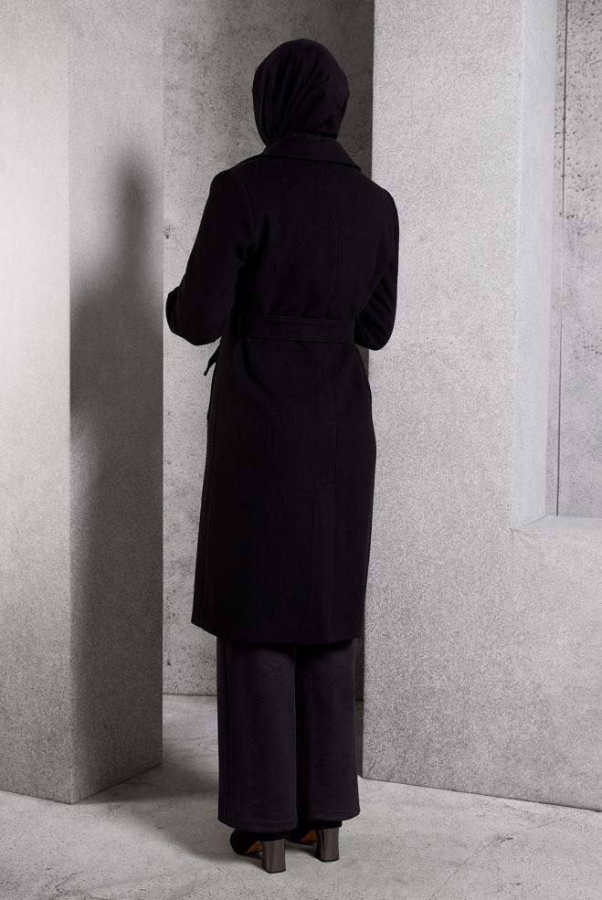 Vêtements hijab NOIR MANTEAU CEINTURÉ 90564 - ALVİNA