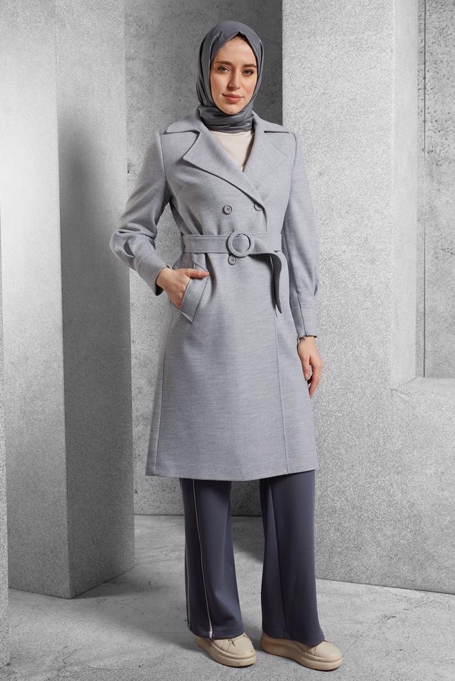 Vêtements hijab GRIS MANTEAU CEINTURÉ 90564 - ALVİNA
