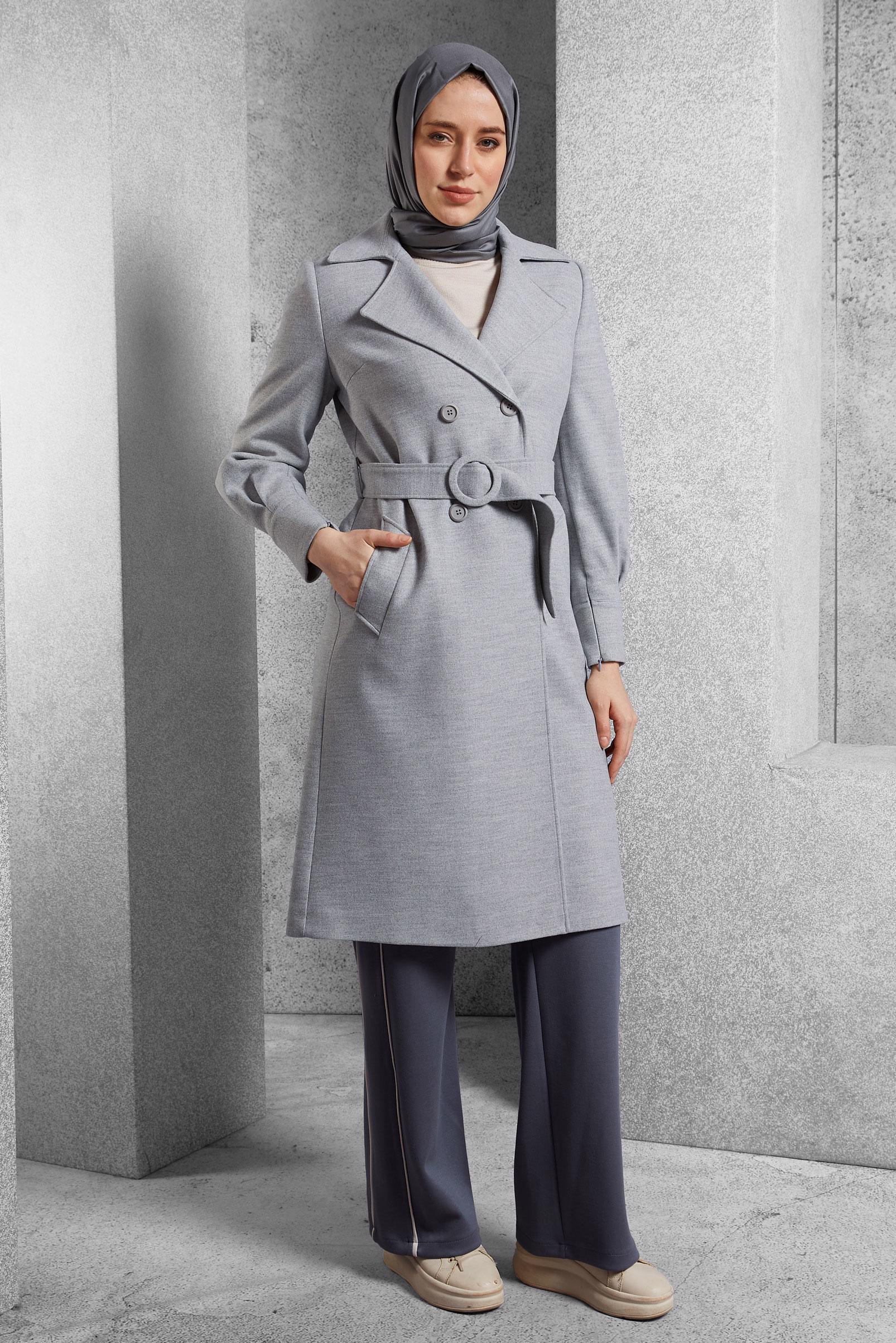 Vêtements hijab GRIS MANTEAU CEINTURÉ 90564