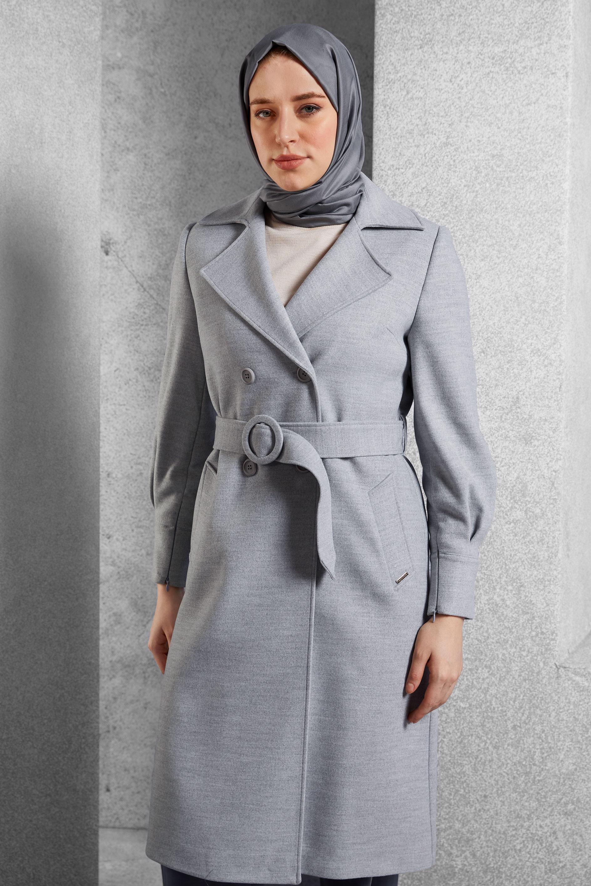 Vêtements hijab GRIS MANTEAU CEINTURÉ 90564