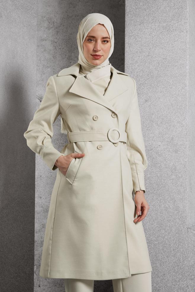Vêtements hijab BEIGE MANTEAU CEINTURÉ 90564 - ALVİNA