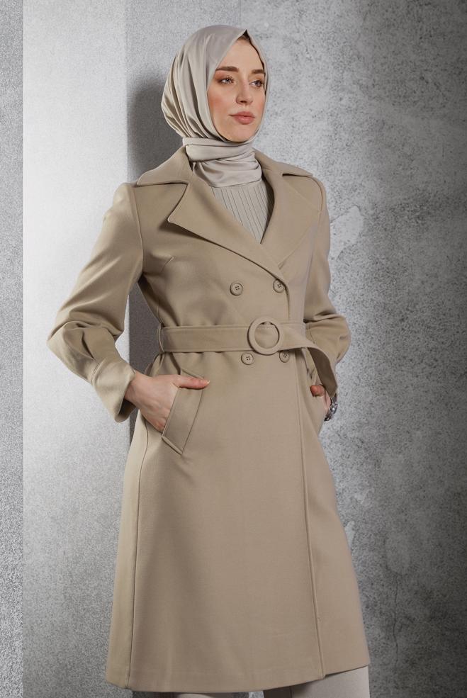 Vêtements hijab BRUN MANTEAU CEINTURÉ 90564 - ALVİNA